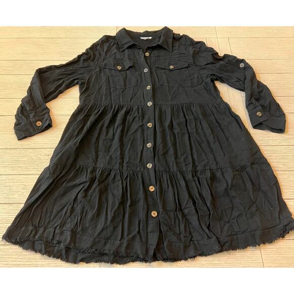 White Birch Sz‎ L linen blend blk button down long sleeve full knee length dress - Picture 8 of 9